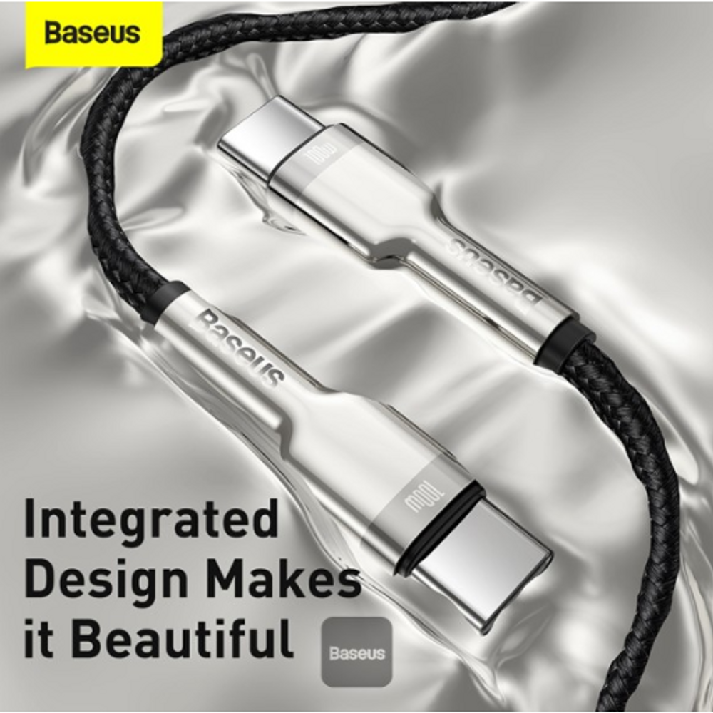 Integrated silver metal USB-C to USB-C cable with braided black jacket