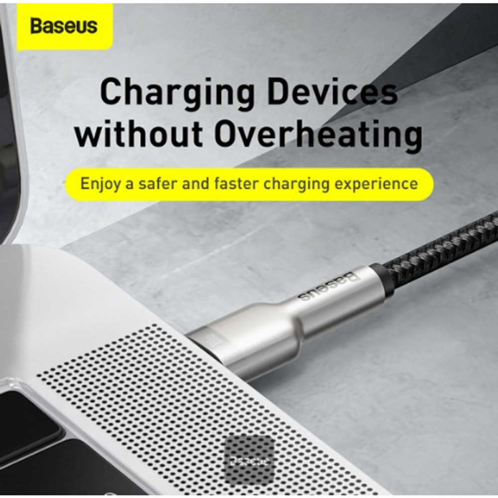 Silver USB-C to USB-C cable with braided black jacket and metal connector ends