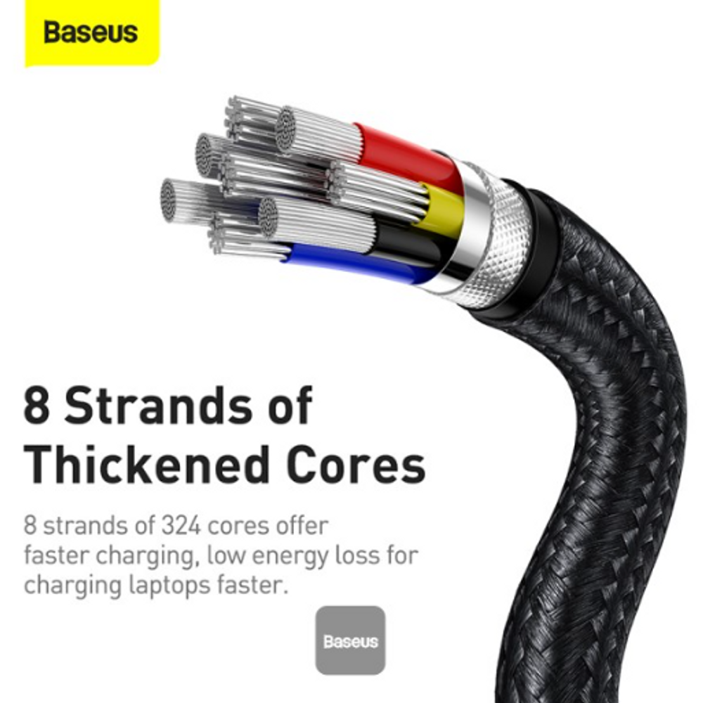 Baseus cable close-up showing multi-strand cores under black braided outer