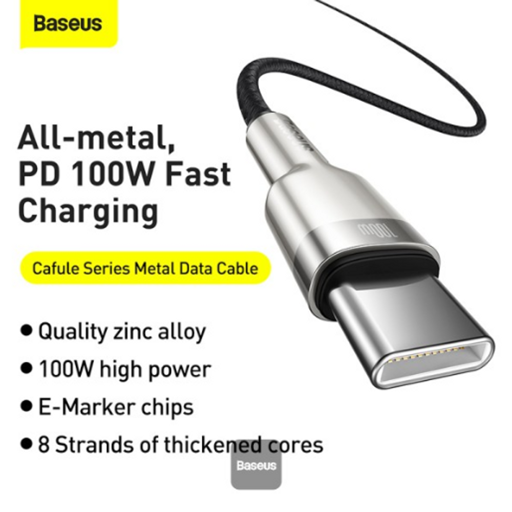 Silver metal USB-C to USB-C fast charging cable with braided black cord