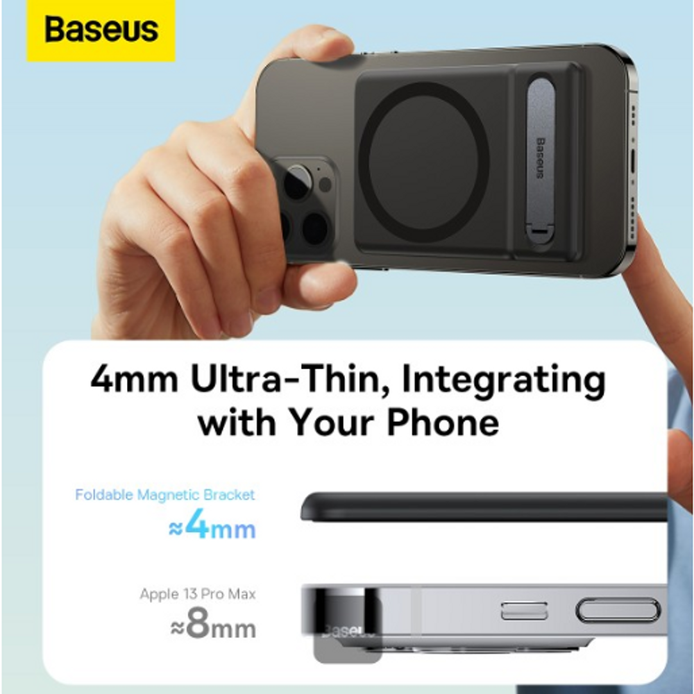 Baseus foldable magnetic phone bracket, ultra-thin black profile on phone