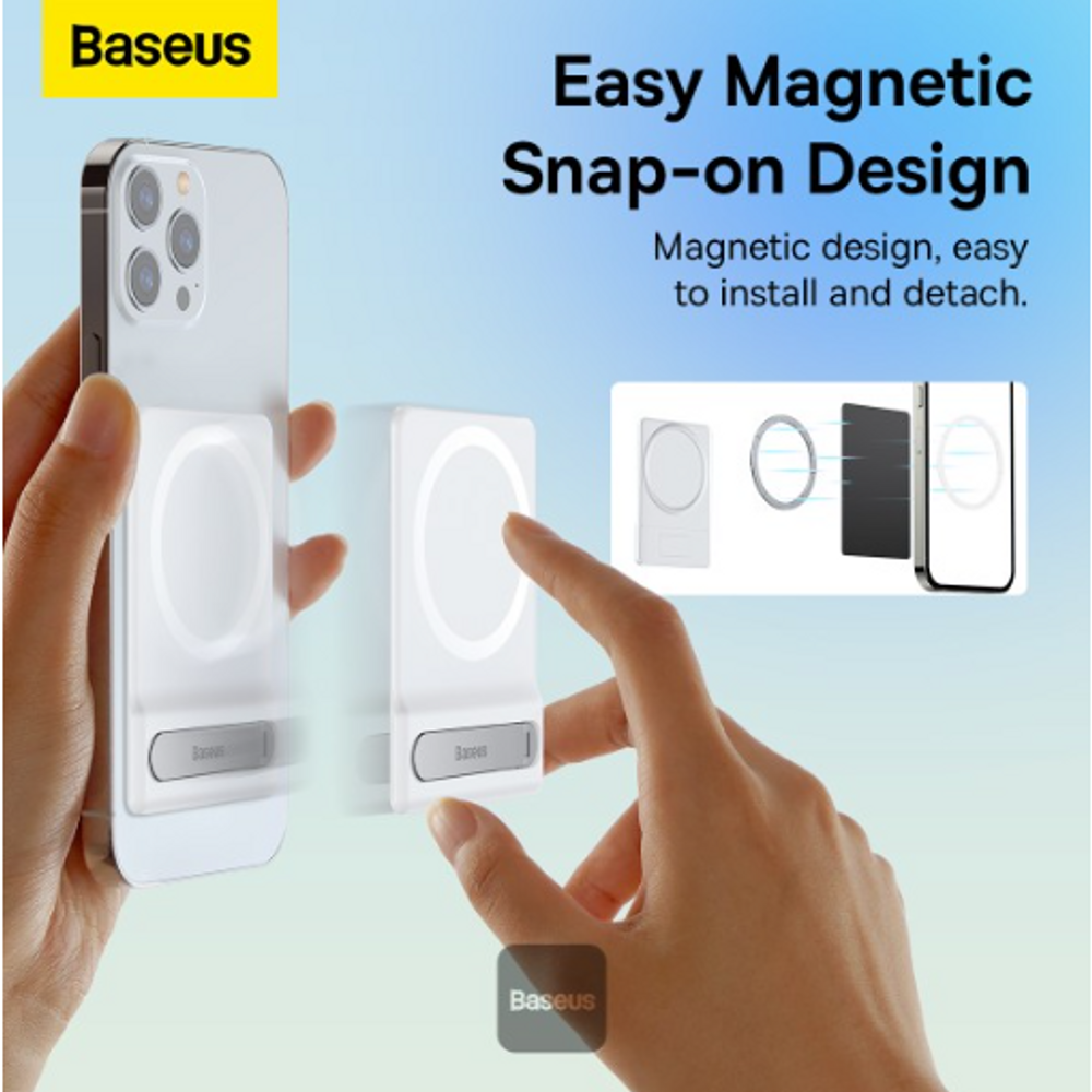 White magnetic snap-on phone bracket on phone back, hands installing the bracket
