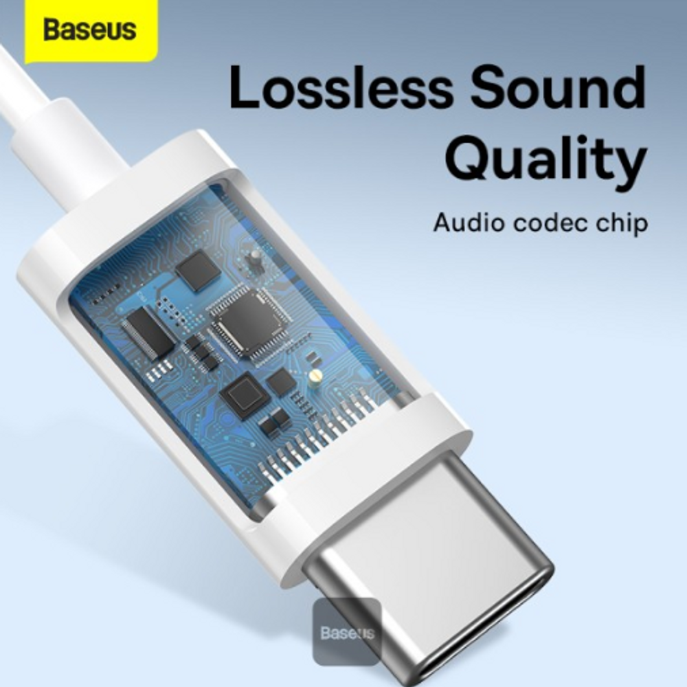 White Type-C wired earphones with USB-C plug and internal audio chip view