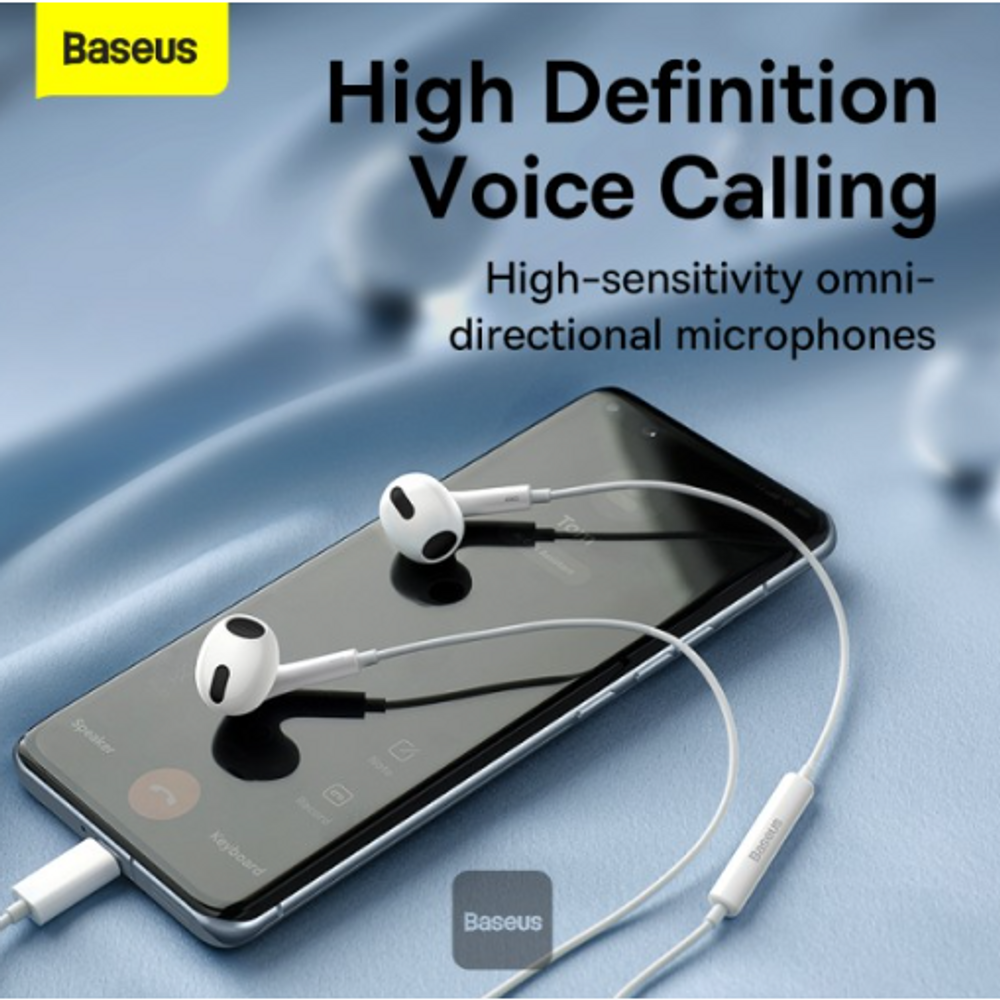 White wired earphones with omnidirectional microphone earbuds and smartphone connection