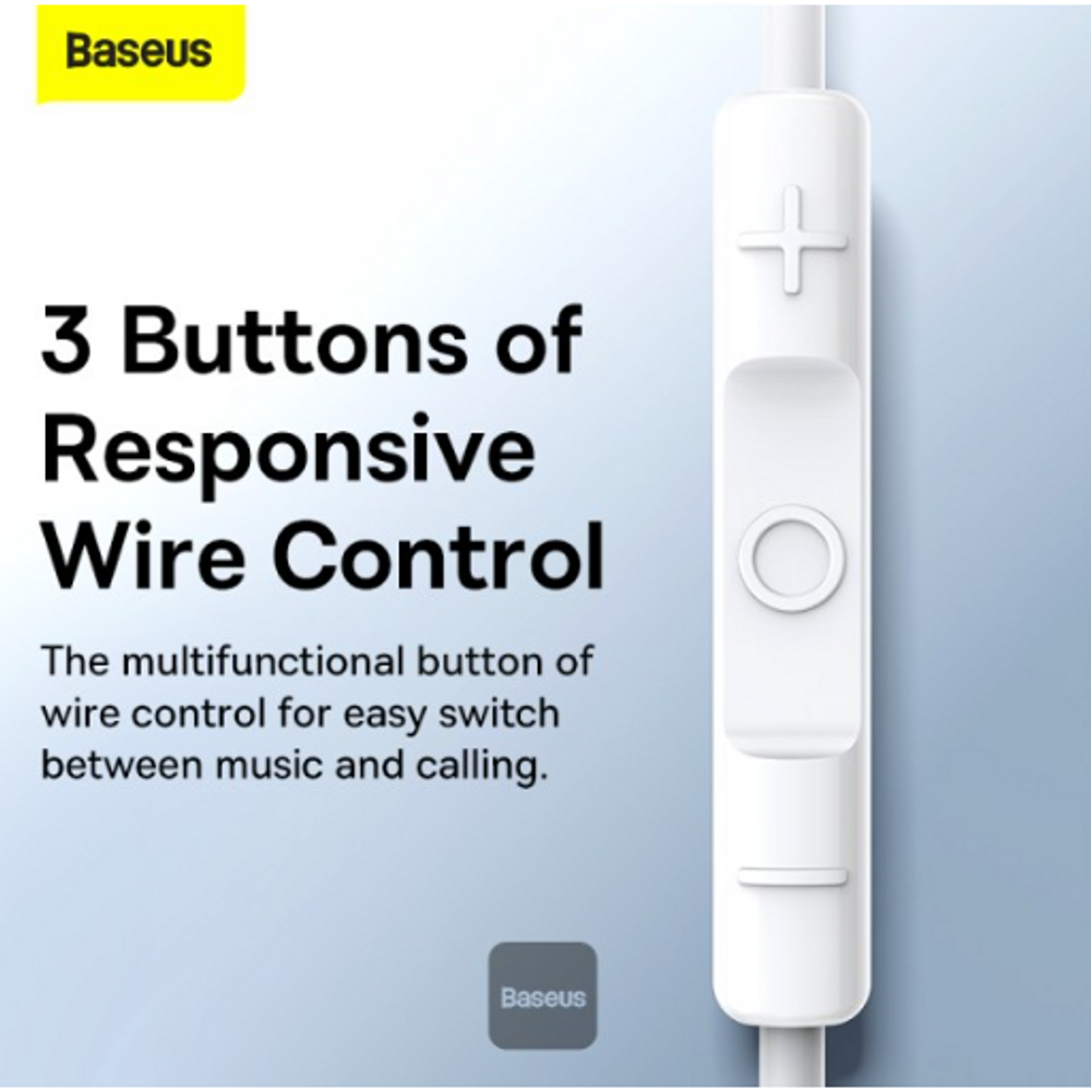 White inline wire-control module on wired earbuds with three-button panel
