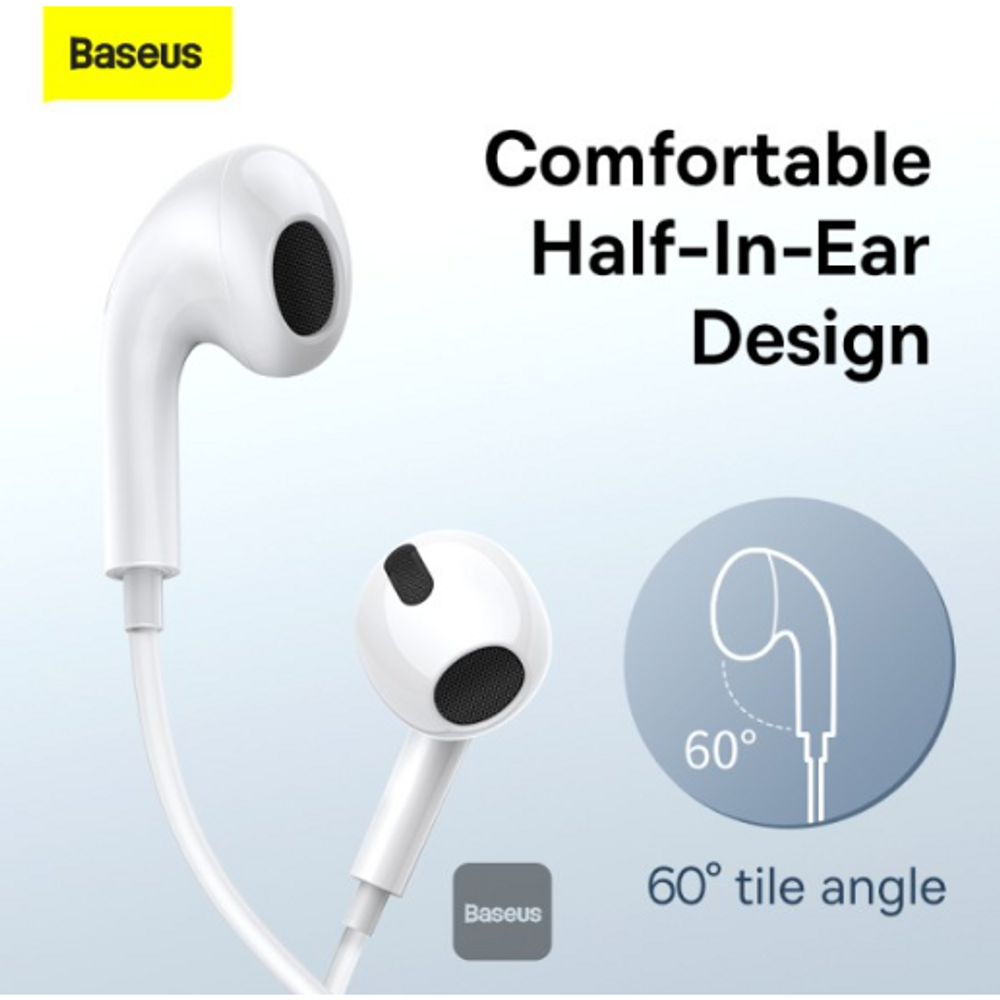 White half-in-ear wired earphones with angled 60° cable run and two earbuds