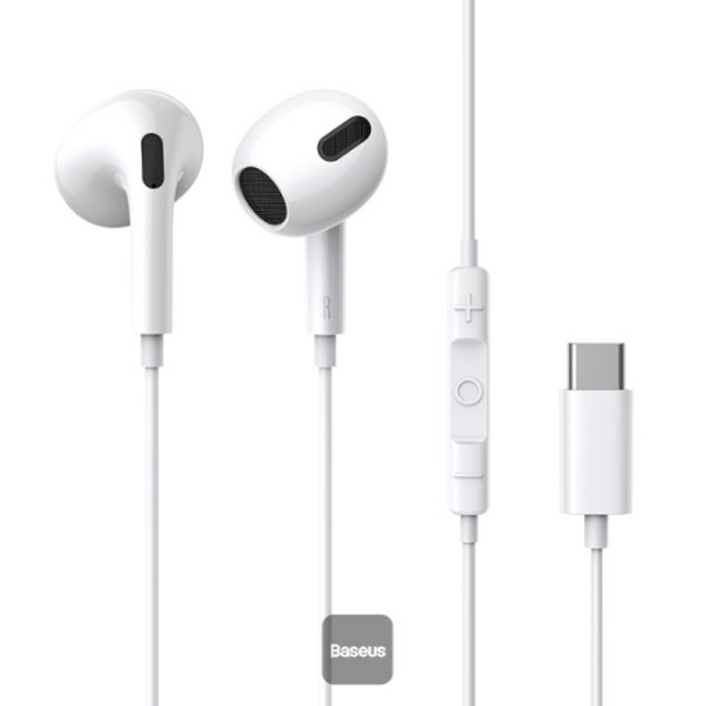White wired earbuds with Type-C plug and inline control module, side view