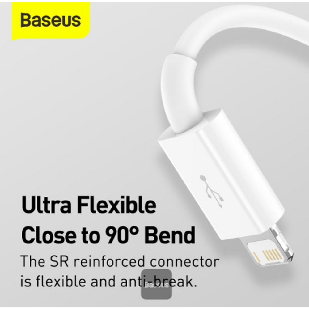 Baseus white charging data cable with reinforced connector near 90-degree bend
