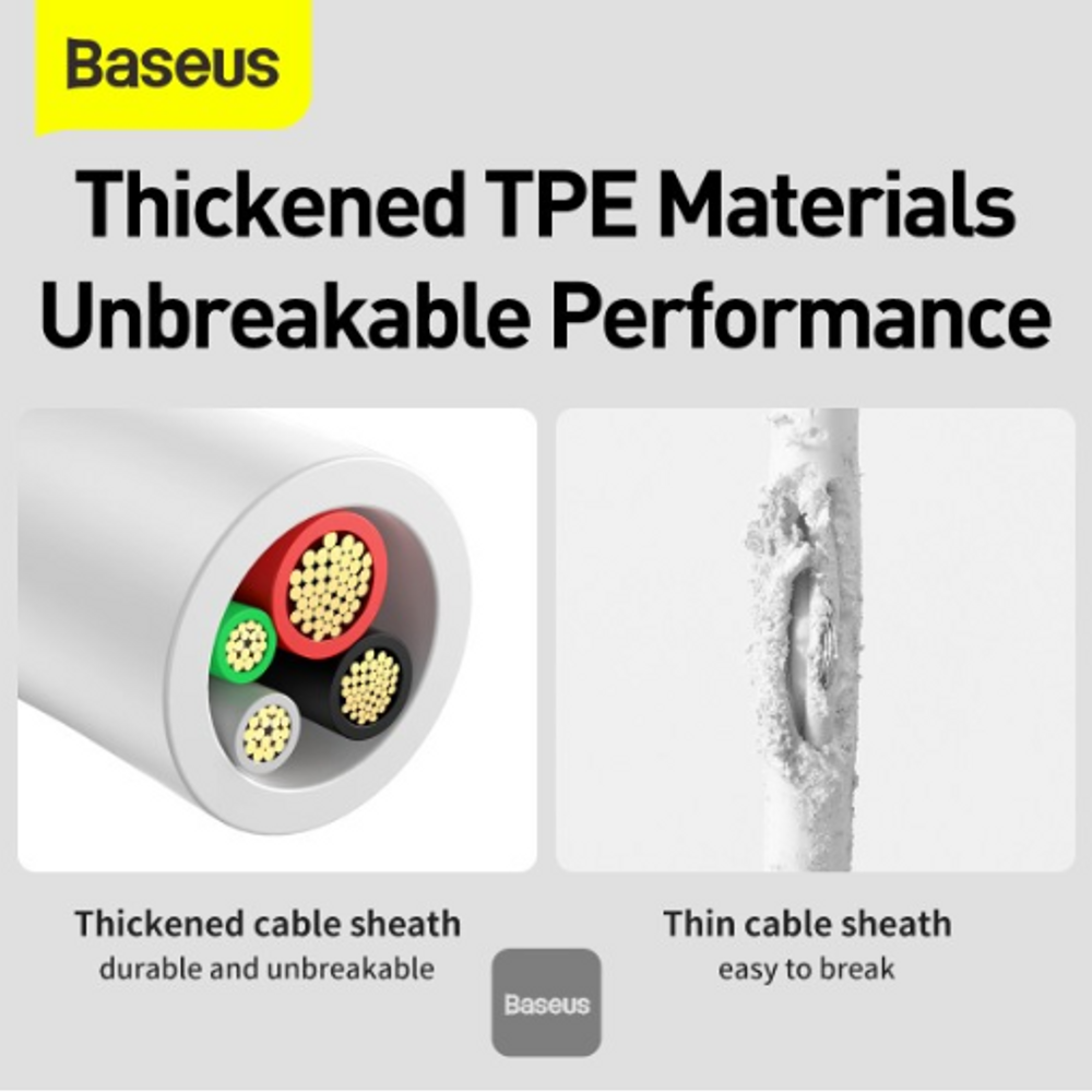 Baseus white cable sheath cross-section showing thickened TPE for durability
