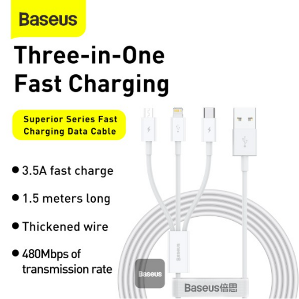 Baseus white three-in-one fast charging data cable with three different connectors