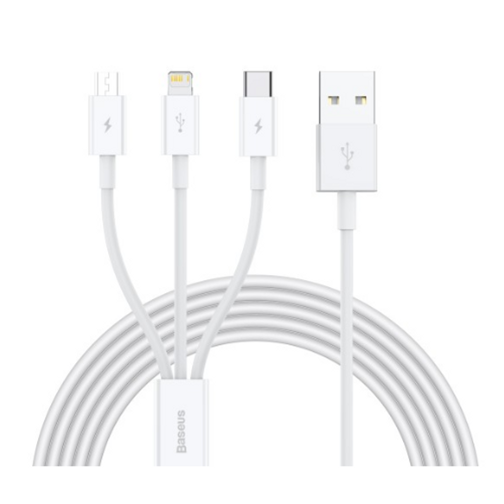 Baseus white charging cable bundle with multiple port connectors, coiled midsection