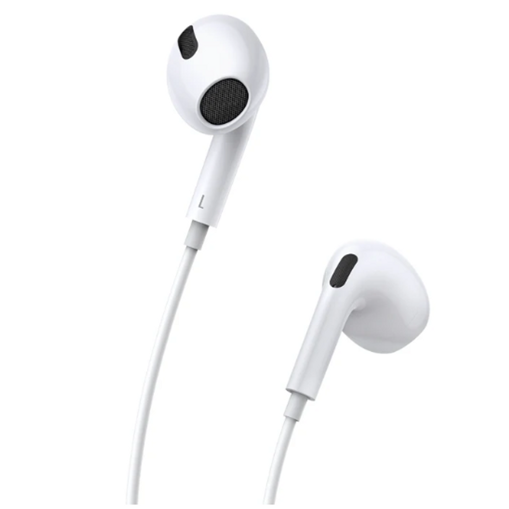 White in-ear earbuds with black speaker grilles and L label