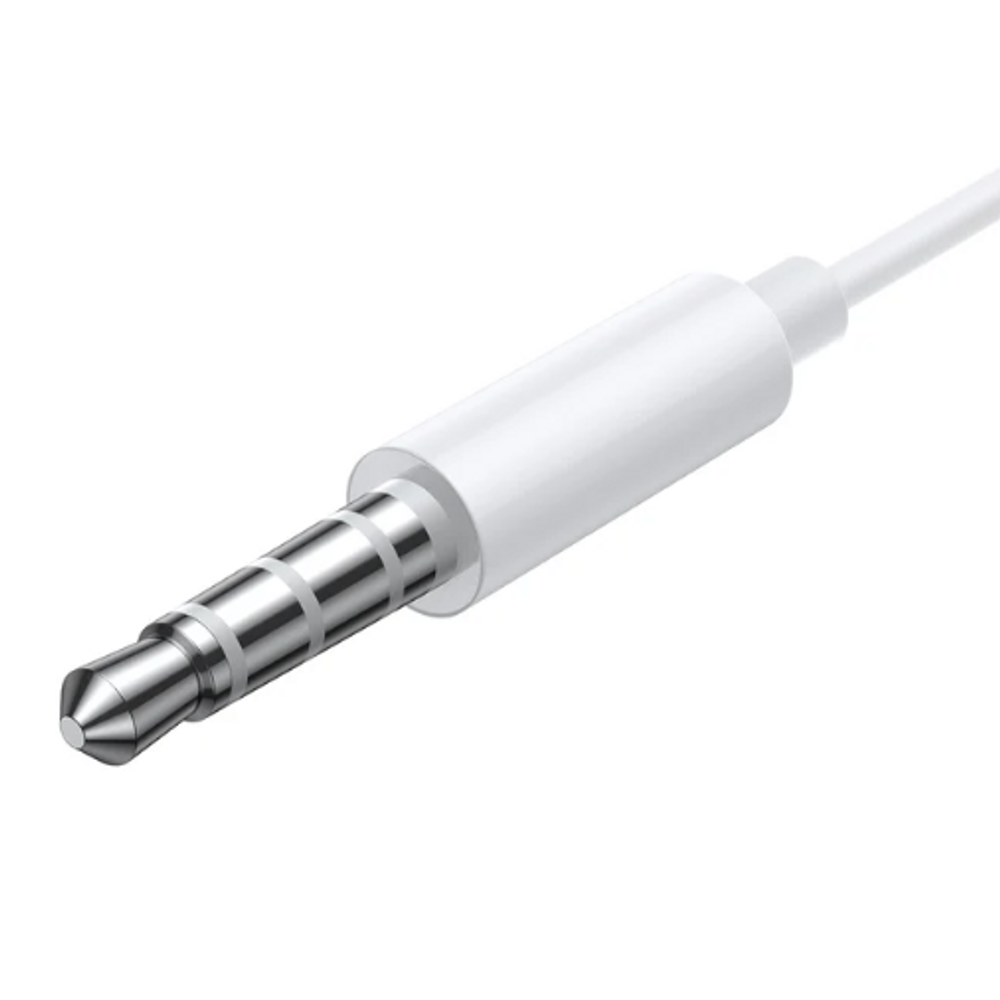 White 3.5mm plug on wired earphone cable, metal connector tip