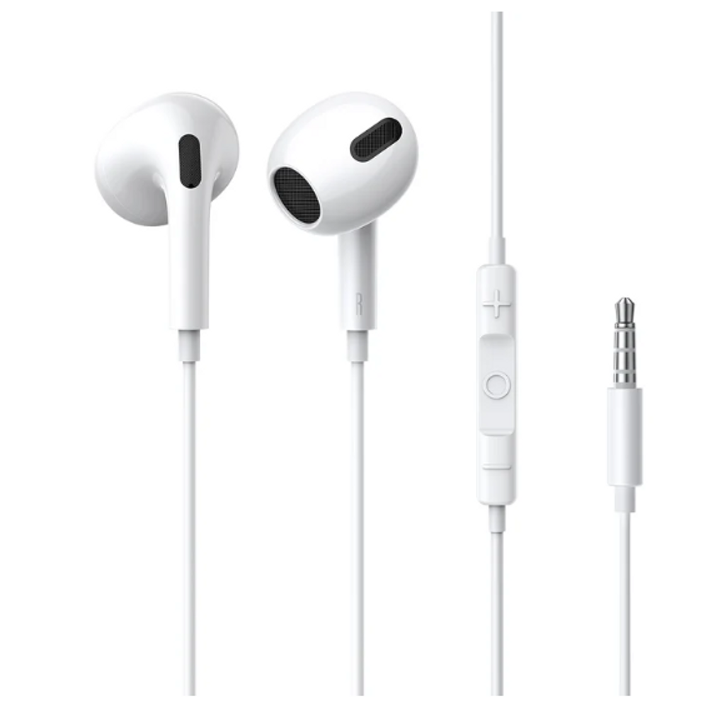 White wired in-ear earphones with inline remote and 3.5mm plug