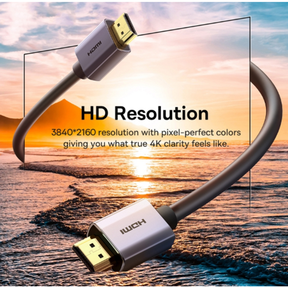 Two black HDMI plugs with gold contacts, connected by a cable for 4K display