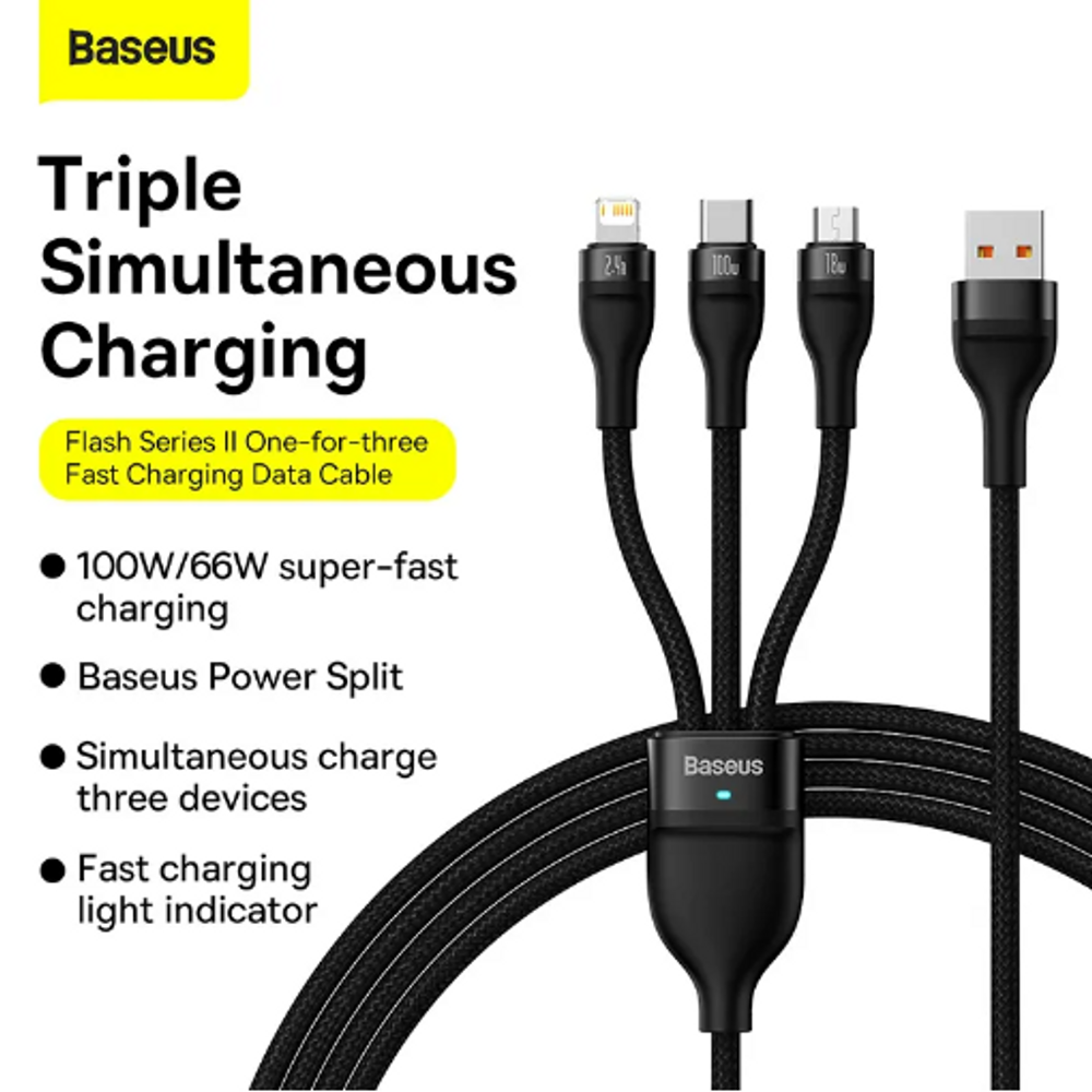 BAS08712 - Baseus Flash Series Ⅱ One-for-three Fast Charging Data Cable USB to Micro USB+Lightning +USB C 100W 1.2m Black