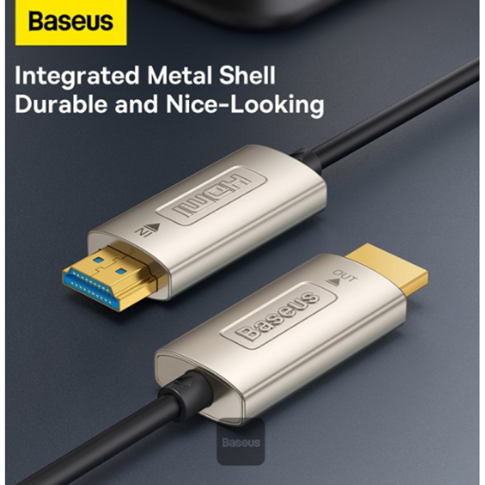 Metal-shelled HDMI optical fiber adapter with gold connector tips and black cable