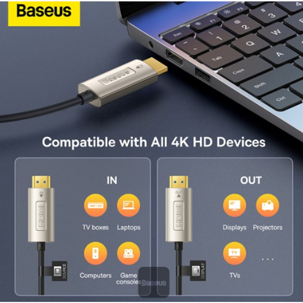Optic fiber HDMI to HDMI adapter cable with gold plugs and black cable for IN/OUT