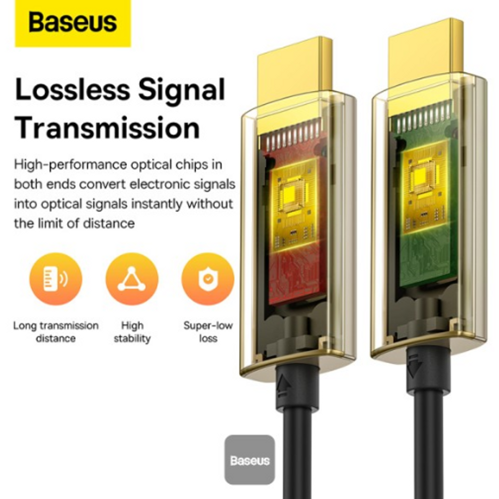 Optical fiber HDMI adapter cable showing low-loss optical signal transmission path