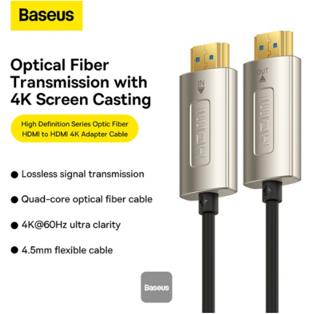 Optical fiber HDMI to HDMI adapter cable with IN/OUT gold-plated connectors and black leads
