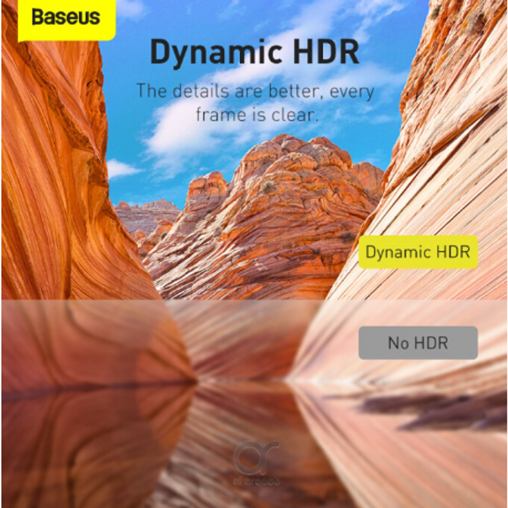 HDMI adapter cable promotional graphic showing Dynamic HDR and No HDR labels