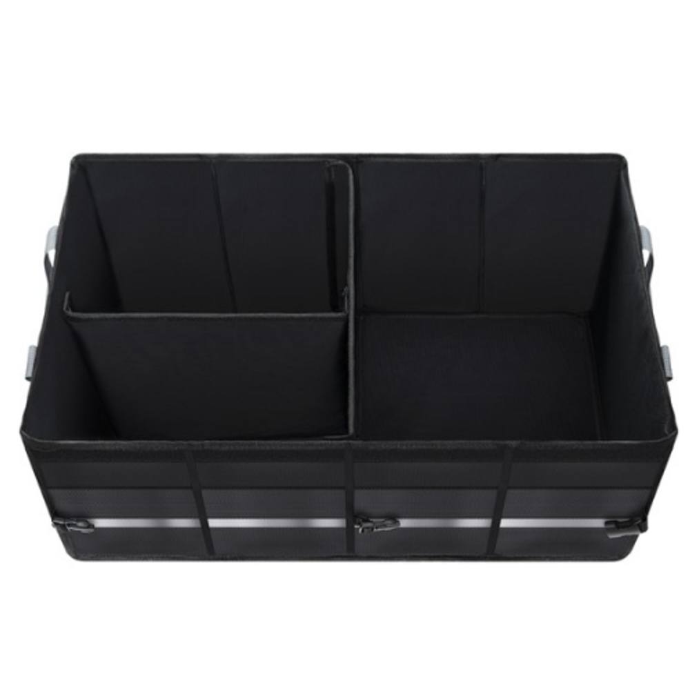 Black car trunk storage organizer with 4 open compartments and carry handles