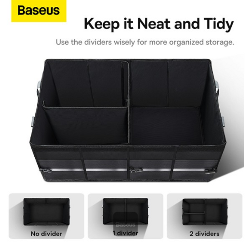 Black car storage box with removable dividers and interior compartments for tidy organization