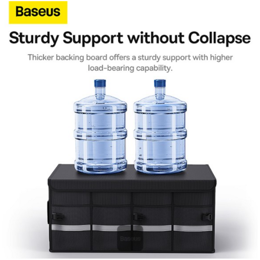 Black foldable car storage organizer with sturdy support board and reinforced base