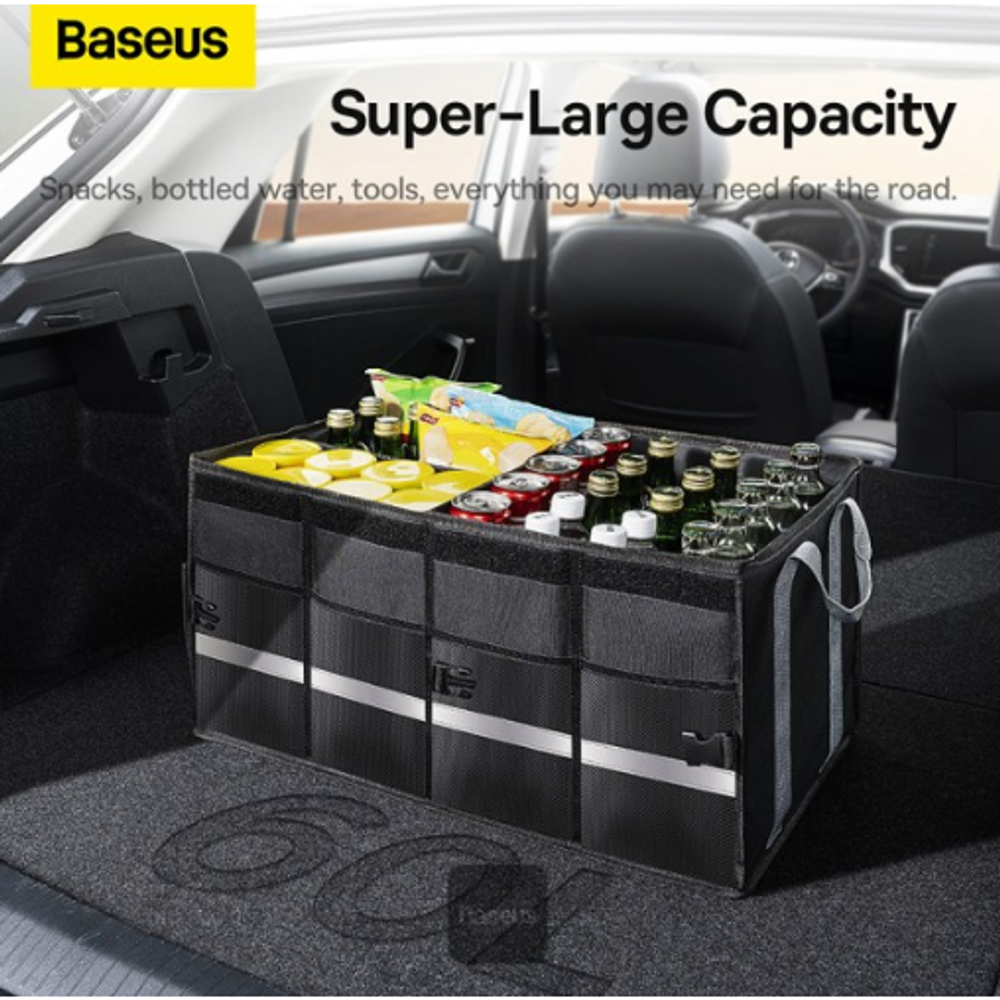 Black car trunk storage organizer box with segmented compartments for bottles and items