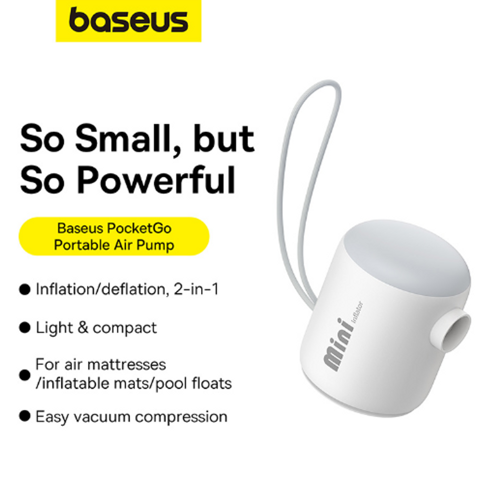 Small white portable air pump with hose and round nozzle outlet