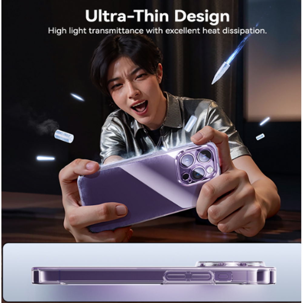 Clear ultra-thin phone case with camera cutouts on an iPhone, held in hands
