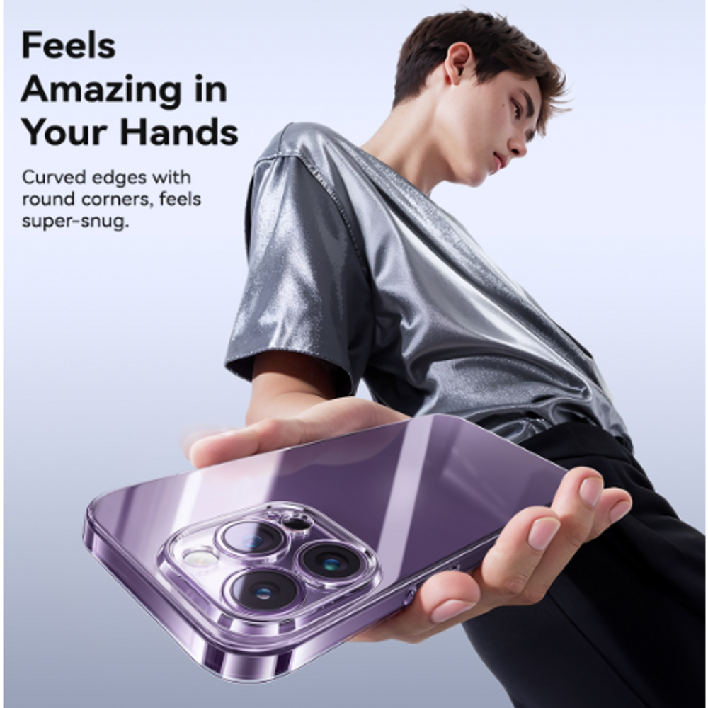 Clear phone case with camera cutouts and curved corners, held in hand