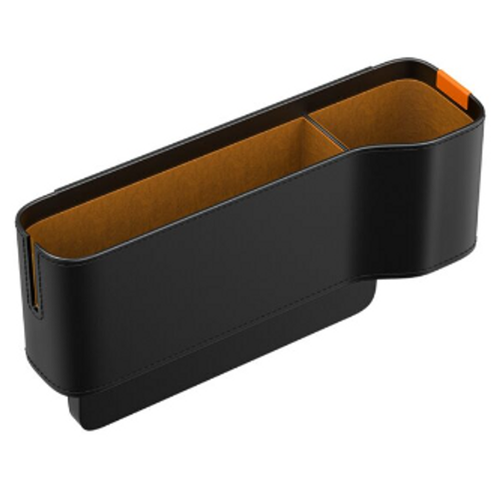 Black car console storage organizer with tan-lined interior compartments