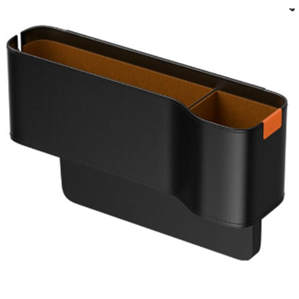 Black car console storage organizer with tan compartments and side pull tab