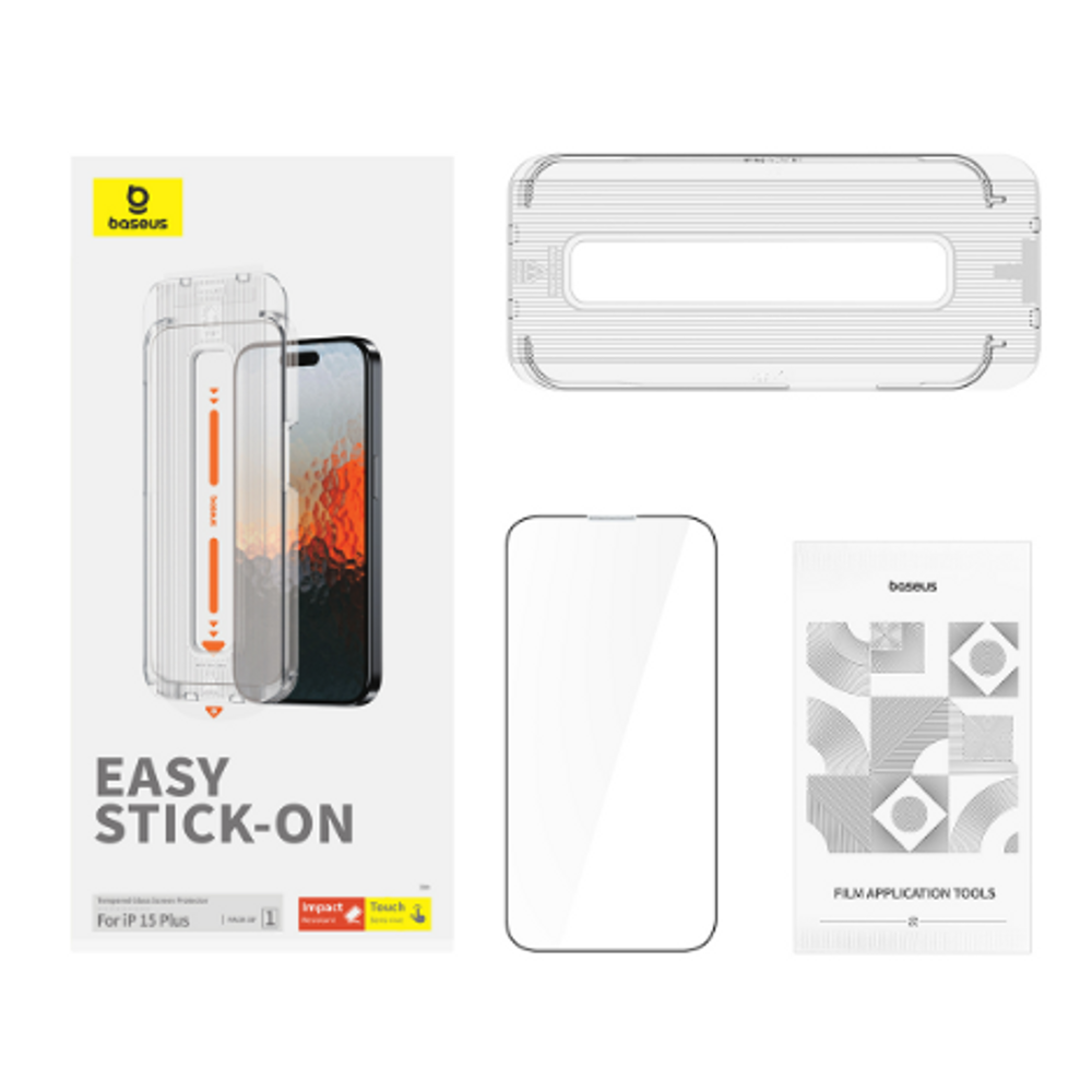 Baseus tempered glass screen protector kit with tools and glass panel, flat lay