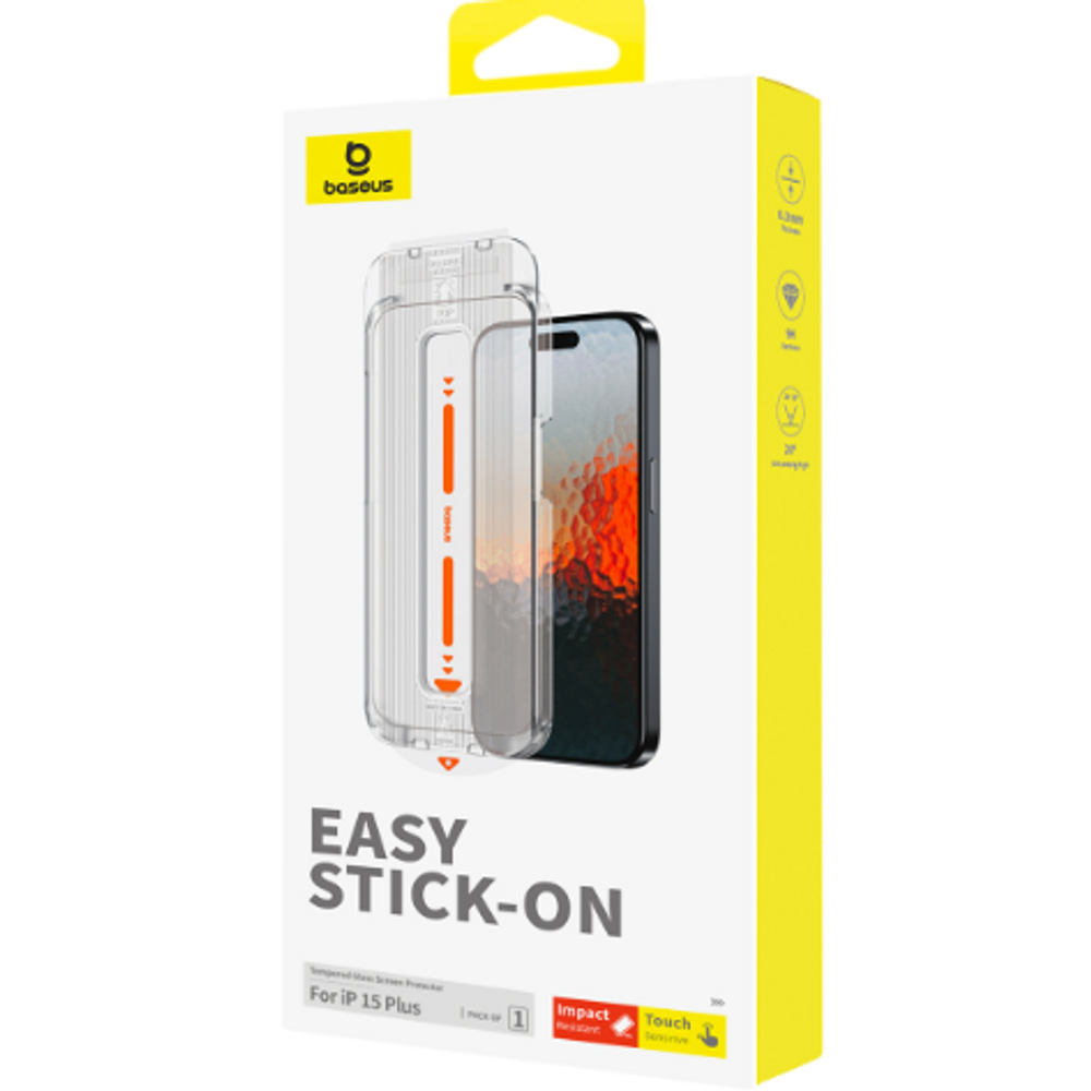 Baseus Easy Stick-On tempered glass screen protector retail box for iPhone 15 Plus