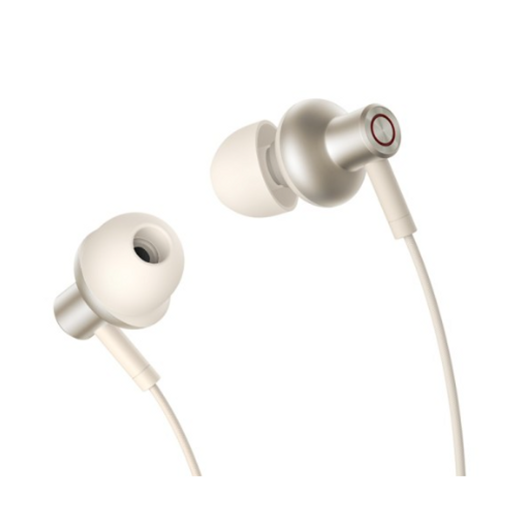 Close-up of white in-ear wireless earbuds with small red-ring speaker detail
