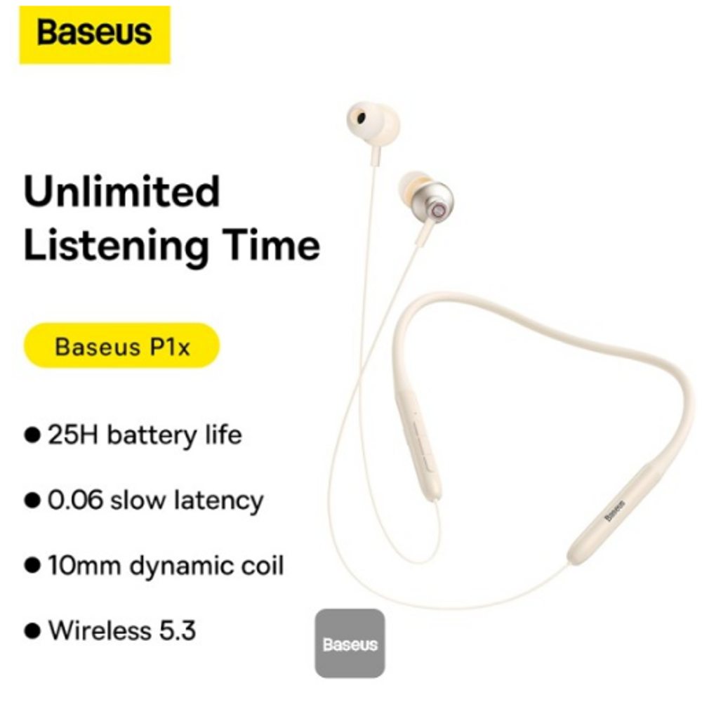 White neckband wireless earphones with inline control module and in-ear earbuds