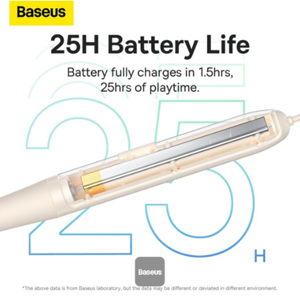 White neckband wireless earphone shown with transparent cutaway battery compartment