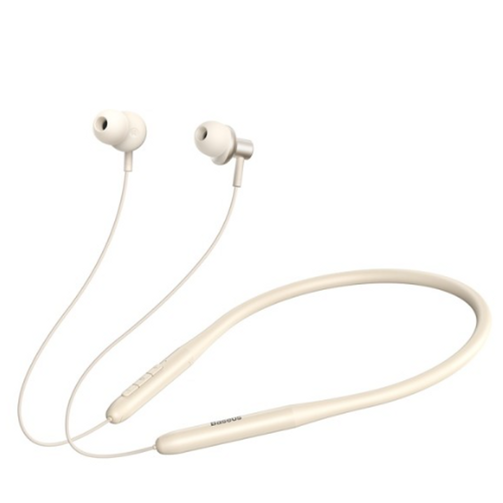Stellar white neckband wireless earphones with two in-ear earbuds and curved cable