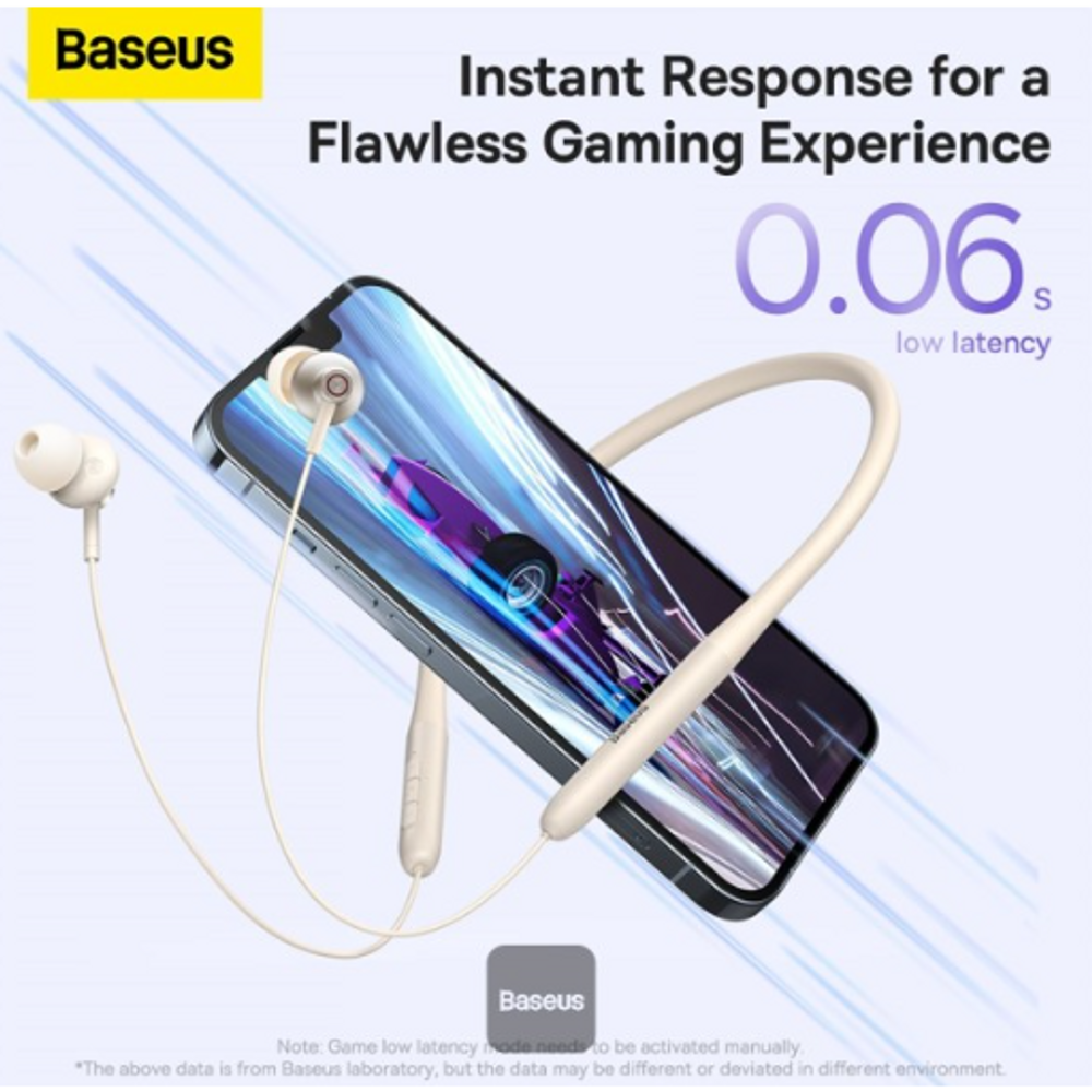 White neckband wireless earphones with earbuds connected by flexible cable