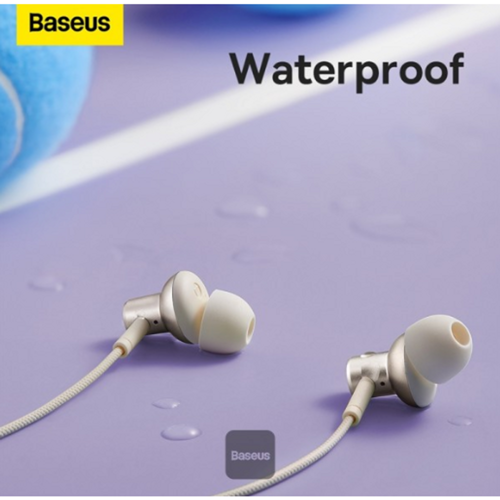 Pair of white wireless earbuds with in-ear tips and attached cable