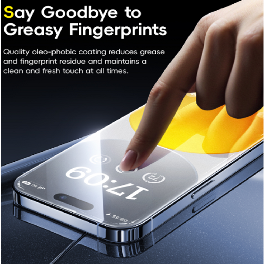 Anti-fingerprint tempered glass screen protector with smooth, grease-resistant finish