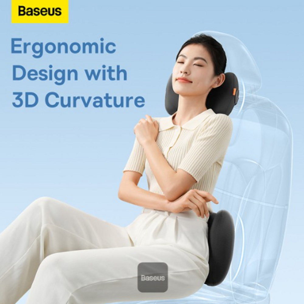 Black curved headrest pillow on a car seat back for ergonomic support