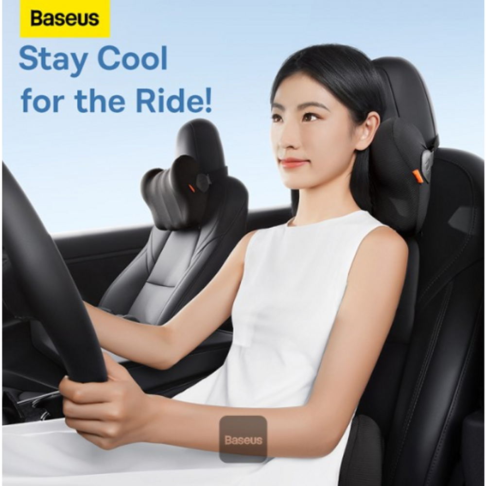 Black car headrest pillow mounted behind the driver for lumbar support