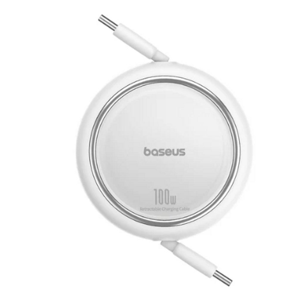 Baseus retractable charging cable puck, white with 100W marking and Type-C ends