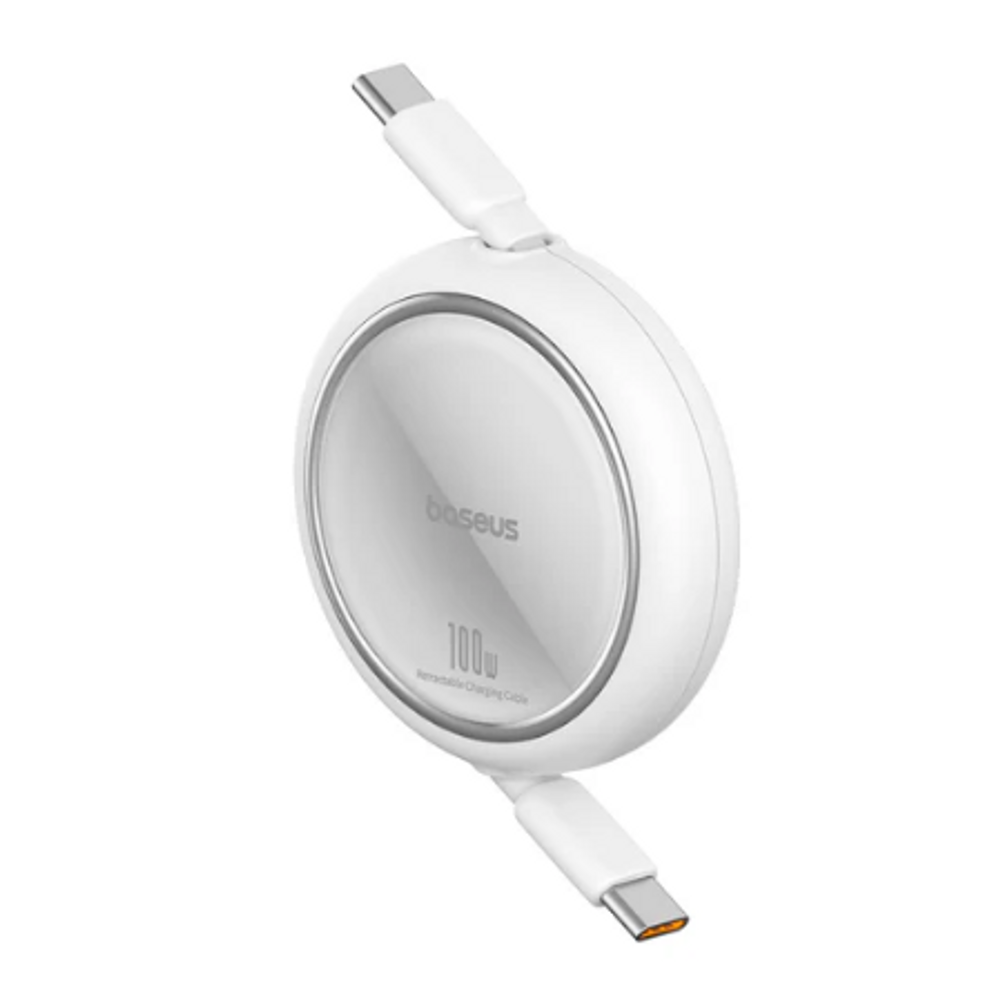 Baseus retractable Type-C to Type-C cable, white puck angled with two connectors