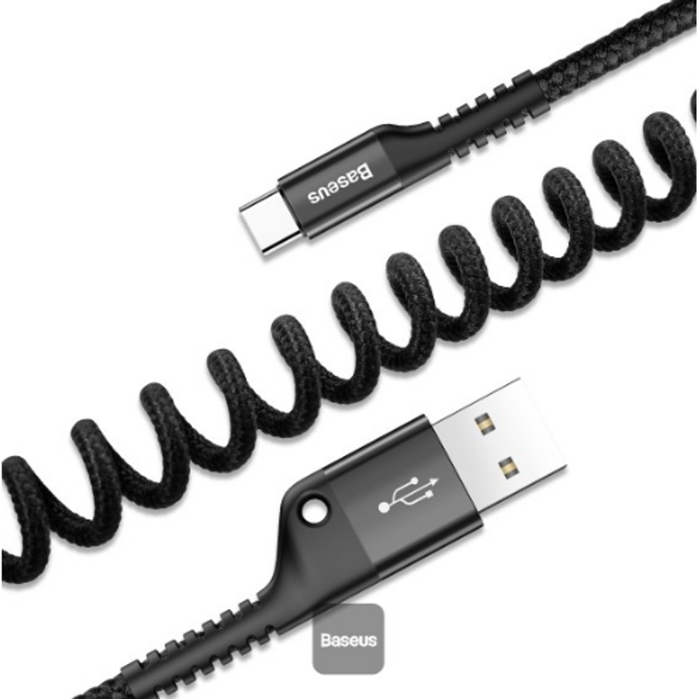 Baseus black coiled USB-A to Type-C cable, spring coil with metal plugs