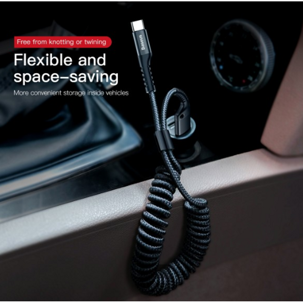 Black coiled USB-A to Type-C cable with compact spring loops for storage