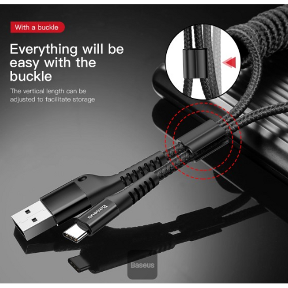 Baseus black coiled USB-A to Type-C cable with adjustable buckle for storage